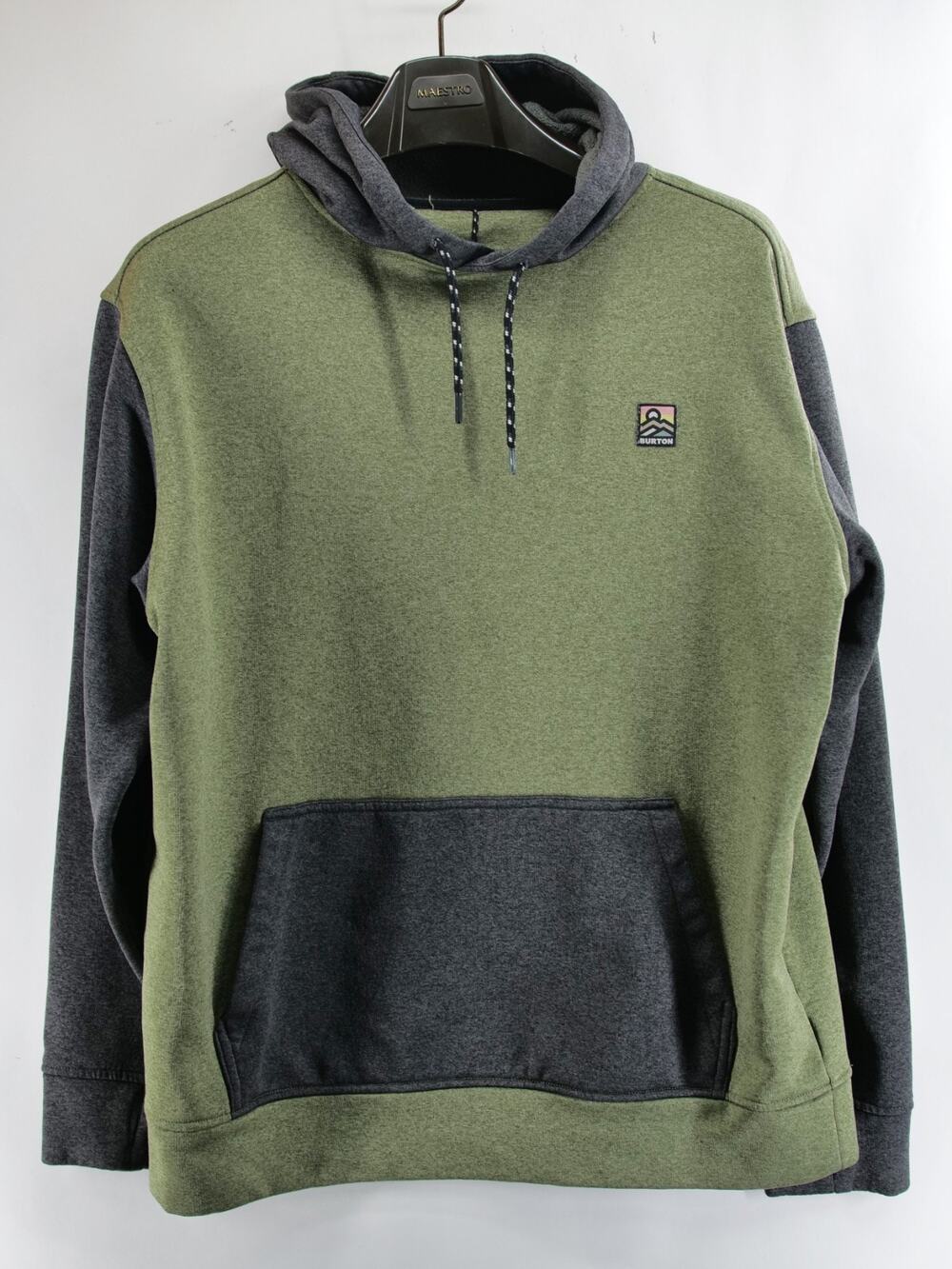 Burton Hoodie Mens Medium Green Grey Fleece Pullover Thumb Hole Snowboard